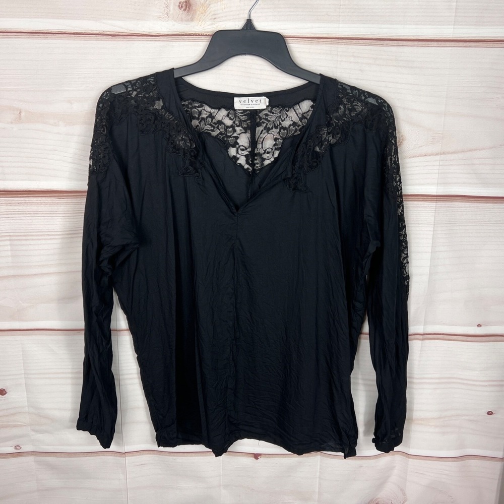 Velvet Top Womens Large Black V-Neck Blouse Lace Trim Long Sleeve Solid Pullover